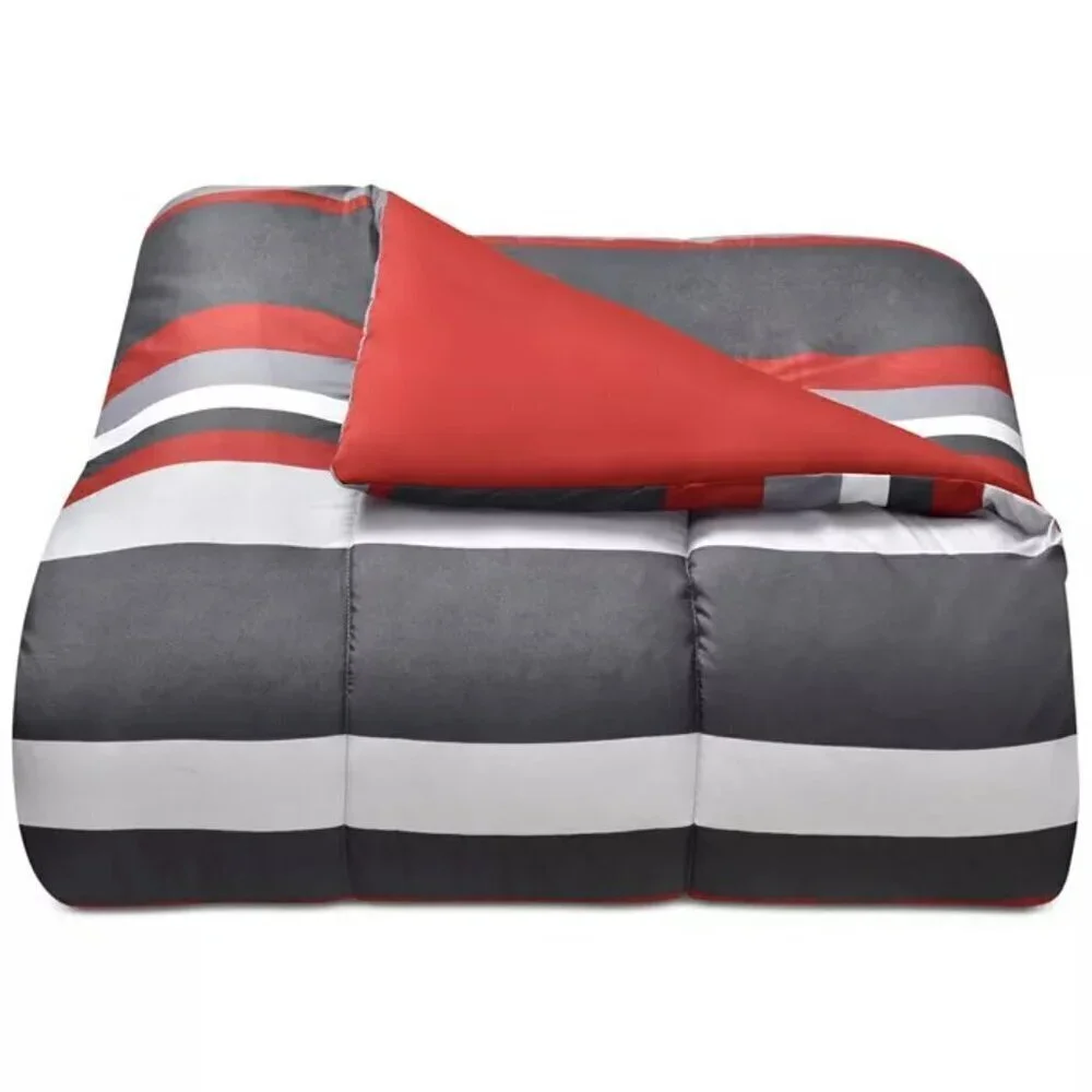 Stripe/Solid Reversible 6Pc. Comforter Set Twin Size Red/Gray/ Black